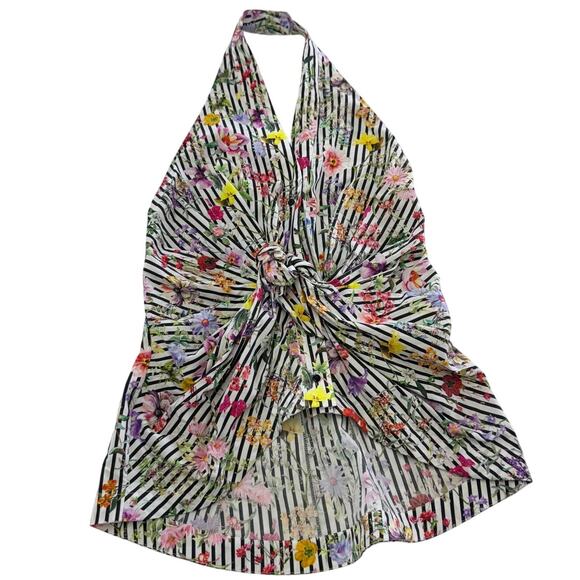 Zara Top Womens X Small Black White Stripe Floral Halter Knotted Open Back - Picture 2 of 8